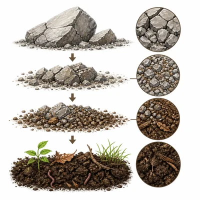 Rock breaking into small pieces and mixing with organic material to form soil.