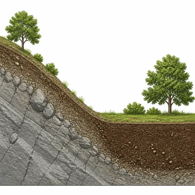 Hillside with thin soil and nearby flat area with thicker accumulated soil.