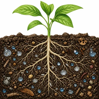 Healthy plant roots growing through rich soil with water, air spaces, minerals, and organic matter.