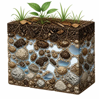 Soil cross-section showing minerals, organic matter, water, and air spaces.