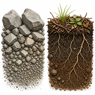 Comparison of weathered rock fragments and developed soil with roots and organic matter.