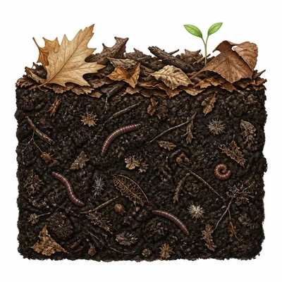 Dark soil rich in decayed leaves and organic matter.