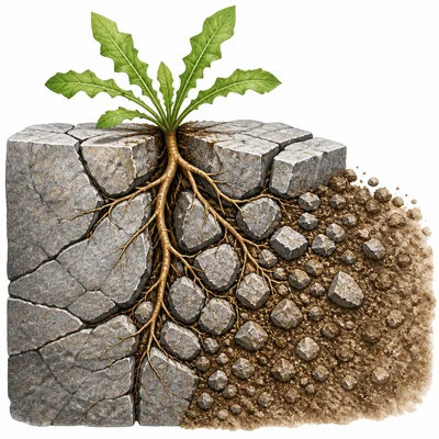 Plant roots growing into rock cracks and helping break rock into soil material.