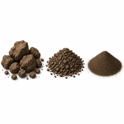 Three piles of soil particles showing large, medium, and very fine particle sizes.