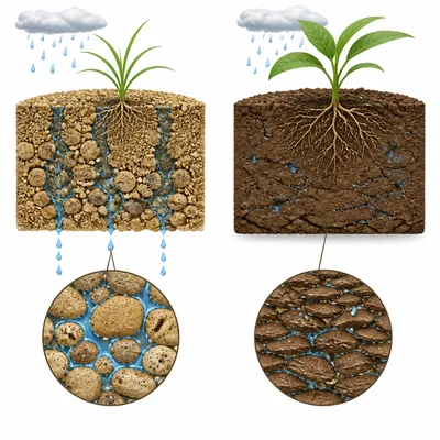 Sandy soil draining water quickly compared with clay soil holding water in tiny spaces.