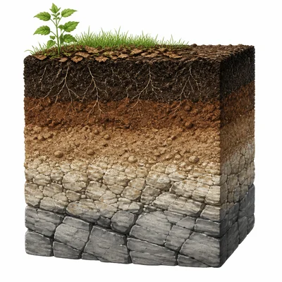 Soil profile showing layers above weathered rock and bedrock parent material.