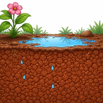 A puddle sits on tightly packed clay soil.