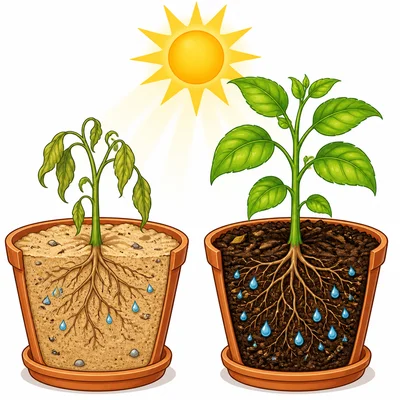 A plant in humus-rich soil has more water than a plant in dry sand.