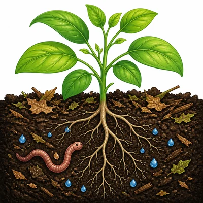 A healthy plant grows in dark crumbly humus.