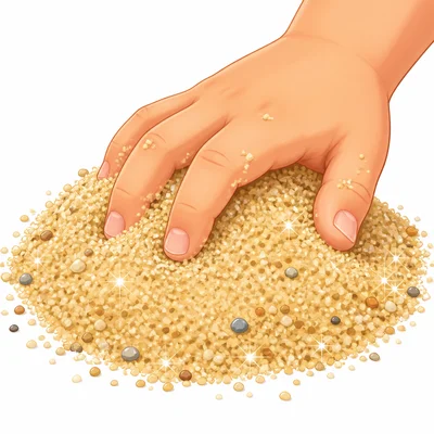 A hand feels gritty sand.