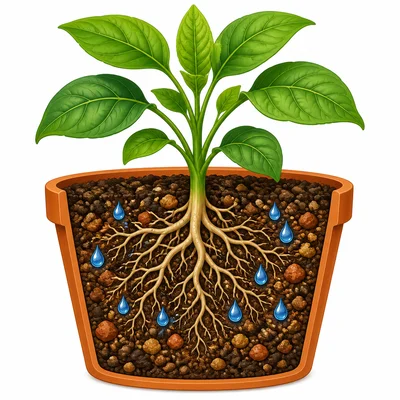 A healthy plant grows in mixed soil with humus.