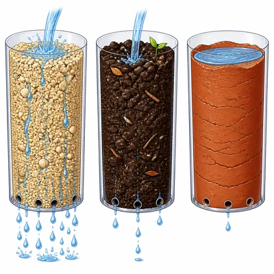 Sand, humus, and clay columns show different drainage rates.