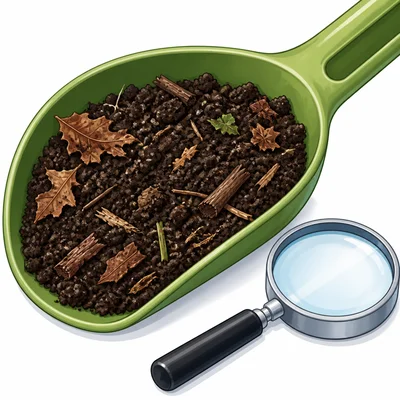 Dark crumbly soil contains old leaf pieces.