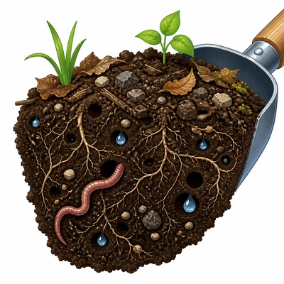 Healthy soil with leaves, roots, rocks, water, air pockets, and a worm.
