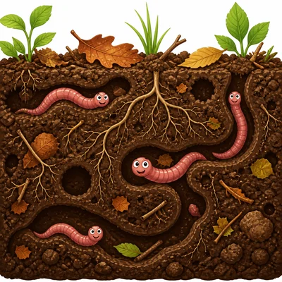 Worms make tunnels and mix leaves into soil.