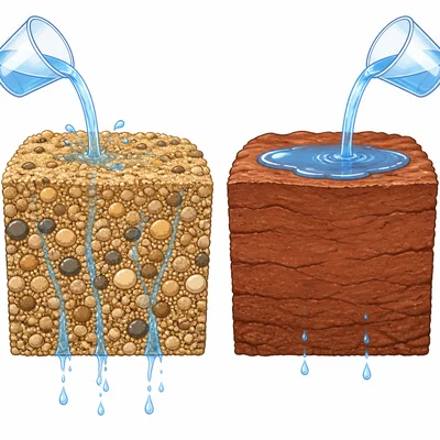 Water passes quickly through sandy soil but slowly through clay soil.