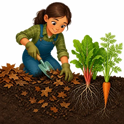 A gardener mixes old leaves into garden soil near plant roots.