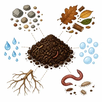 Soil ingredients include rock pieces, dead plant bits, water, air, and living things.