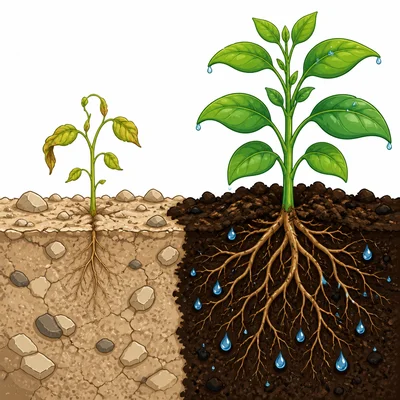 A weak plant in poor dry soil beside a healthier plant in rich soil.
