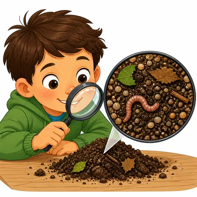 A child examines soil with sand, leaf bits, a worm, and damp spots.