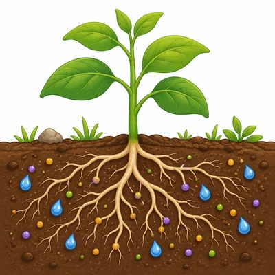 Plant roots grow downward into soil toward water and nutrients.