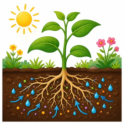 A plant gets water and nutrients from soil through its roots.