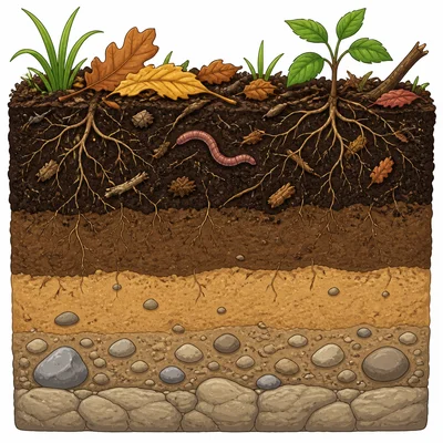 Soil layers with a dark top layer full of leaves, roots, and living things.