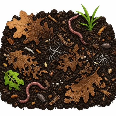 Dark crumbly humus made from broken-down leaves and plant matter.
