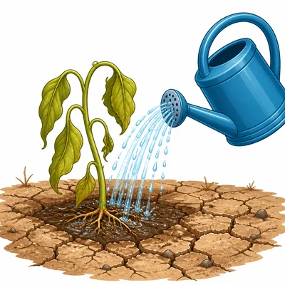 A wilted plant in dry soil receiving water around its roots.