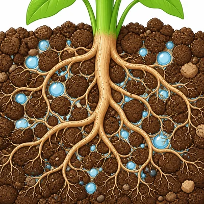 Plant roots in soil with air pockets around them.