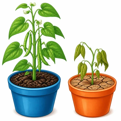 Two bean plants: one healthy in loose damp soil and one drooping in dry packed soil.