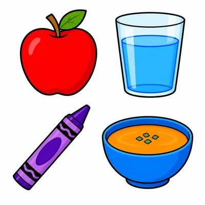 An apple, water, a crayon, and soup.