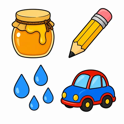 Honey, a pencil, rain, and a toy car.