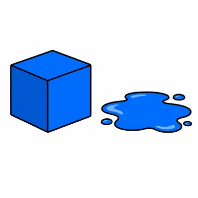 A solid cube and a liquid puddle.