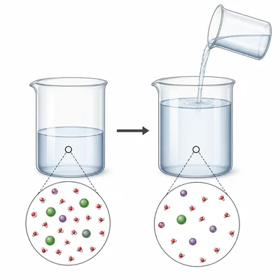 A sodium chloride solution is diluted by adding water to a larger final volume.