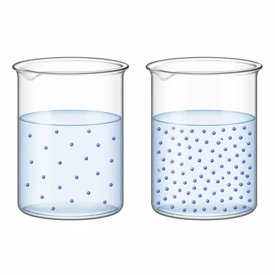 Two equal-volume solutions shown with different densities of dissolved particles.