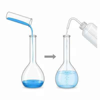 A concentrated solution is transferred into a larger flask and diluted with water.