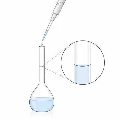 A pipette transfers concentrated solution into a volumetric flask to make a diluted solution.