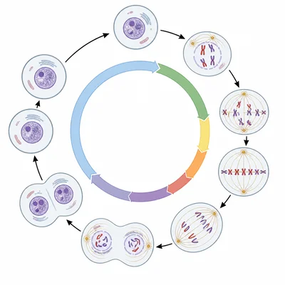 Circular diagram of the eukaryotic cell cycle from interphase through mitosis and cytokinesis.