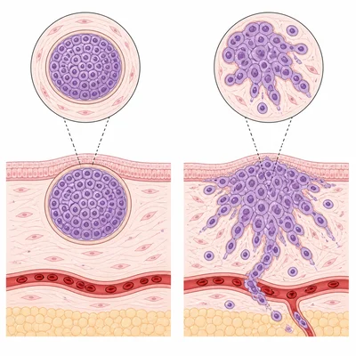 Comparison of an encapsulated benign tumor and an invasive malignant tumor.