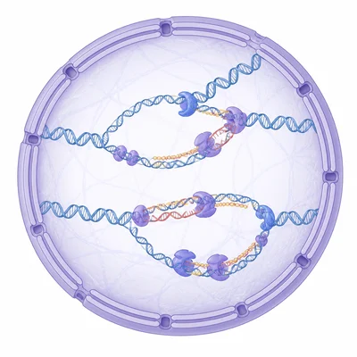 DNA replication occurring inside a cell nucleus during S phase.
