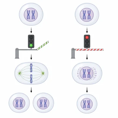 Cell cycle checkpoint stopping a cell with damaged DNA while allowing a healthy cell to continue.