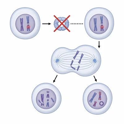 A cell with unrepaired DNA damage bypasses a checkpoint and divides into abnormal daughter cells.