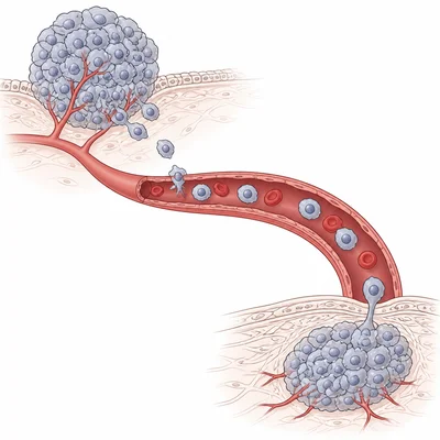 Cancer cells spreading from a primary tumor through a blood vessel to form a secondary tumor.