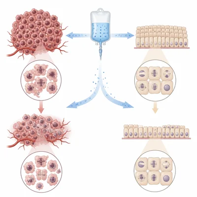 Chemotherapy affects rapidly dividing cancer cells and some healthy rapidly dividing cells.