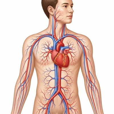 Human torso with heart and branching blood vessels showing circulation.