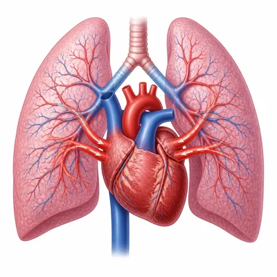 Heart and lungs showing red oxygen-rich blood returning from lungs to heart through veins.