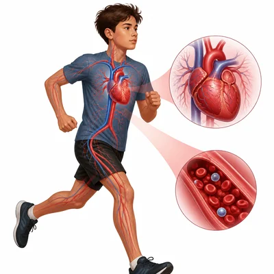 Jogging student with heart and blood flow emphasized during exercise.
