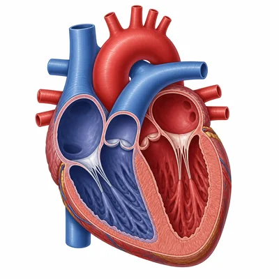 Cutaway diagram of a human heart showing four chambers.