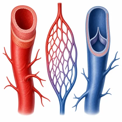 Artery, vein, and capillary structures shown side by side.
